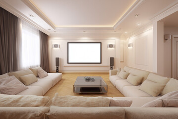 Fototapeta premium Luxurious living room with white sofas, a screen, and speakers, creating a comfortable and elegant space for relaxation and entertainment.