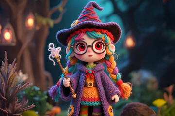 Witch crochet doll girl holding magic wand.