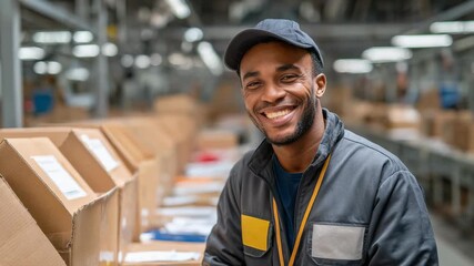 African man work for industrial sorting center - Warehouse, logistics and postal service concept - Models by AI generative