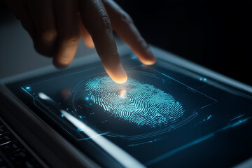 Fingerprint recognition technology on a digital device. Cutting-edge security with biometric identification. The future is now.
