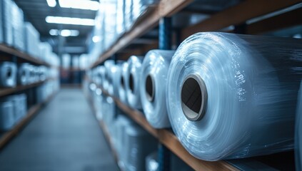 Rolls of clear plastic wrap stored neatly on shelves in a warehouse