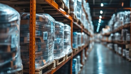 Interior view of a warehouse with stacked boxes on shelves, focused on goods awaiting transport