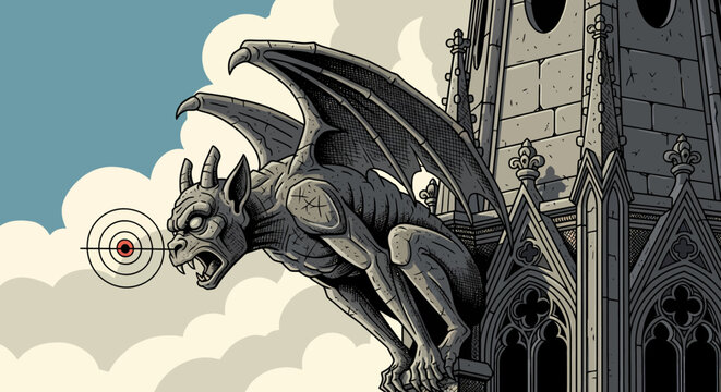 Illustration gargoyle targeting bullseye perched atop gothic building artwork detail
