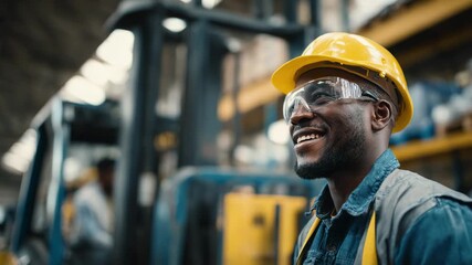 African american man working in warehouse logistic center with forklift in background - Industrial employee and storage concept - Model by AI generative
