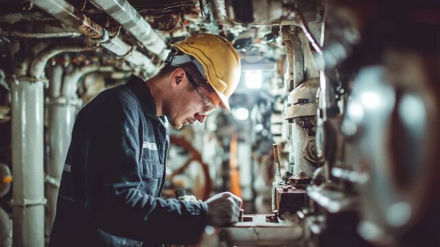 Male engineer inspecting shipyard machinery in industrial ship room - Maintenance, work and service concept - Model by AI generative