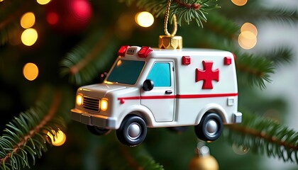 Christmas ornament shaped like an ambulance hanging on a fir branch with space for text. Perfect for medical holiday campaigns, emergency services, and Christmas healthcare promotions.