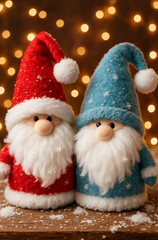 Funny cute toy Christmas gnome with white beard and hat on festive New Year background