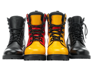 Three pairs of leather boots in black, yellow, and white, arranged in a row