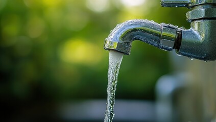 A chrome faucet dispenses flowing, clear water into the blurry, green background outdoors