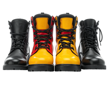 Three pairs of leather boots in black, yellow, and white, arranged in a row
