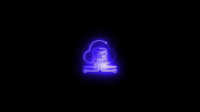 Blue neon cloud and database icon glowing on black background image photo 4k video .