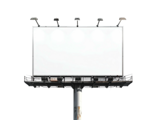 Blank billboard, mounted on a weathered metal pole, against a black background