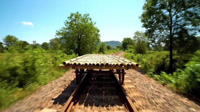 Bamboo train norry speeding along old railway tracks through lush green fields and distant mountains under a clear blue sky, capturing the unique experience of cambodian regional travel