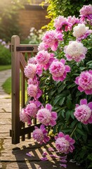 Obraz premium Vibrant pink peonies blooming in a sunlit garden next to a rustic wooden gate.