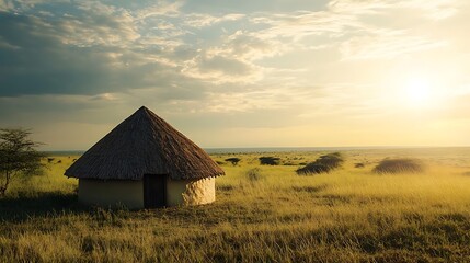 Circular Indigenous hut with a conical roof in a grassy savanna landscape