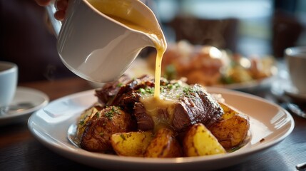 A hand carefully pours gravy from a gravy jug over the tender roast beef. The roast beef and potatoes absorb the rich flavor of the gravy as steam rises gently.