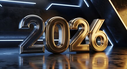 The year 2026 rendered in bold, metallic gold and silver 3D numbers on a reflective surface with neon lights.