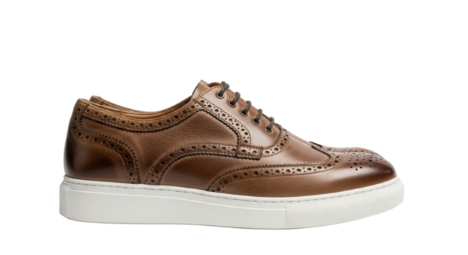 Brown leather wingtip oxford shoe with white sole isolated PNG with Transparent Background