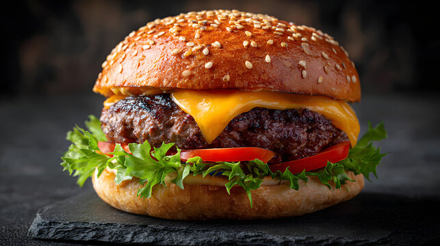 Closeup big premium juicy burger 