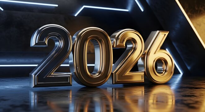 The year 2026 rendered in bold, metallic gold and silver 3D numbers on a reflective surface with neon lights.