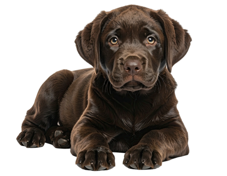 Chocolate Labrador puppy lying down, looking directly at viewer