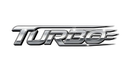 A metallic silver emblem with the word "TURBO" written in a stylized font, suggesting speed and power.