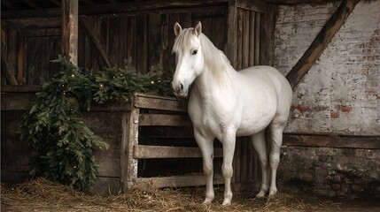 white arabian in winter, christmas decorated stable with fir tree branches