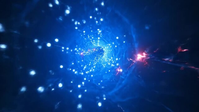 Wormhole tunnel of blue light and energy, streaking particles and glowing vortex transporting through space-time into distant galaxies, dynamic sci-fi cosmic travel scene