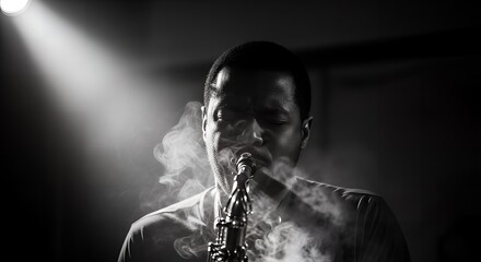 Musician playing saxophone with smoke in a dark and moody atmosphere