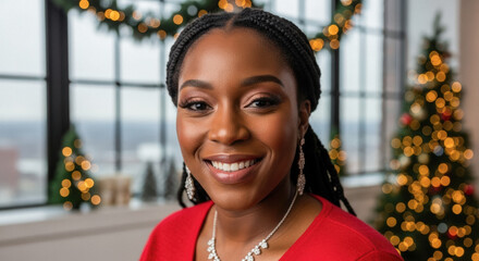 Joyful Black Woman Smiling with Christmas Lights Background