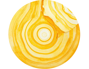Circular, vibrant yellow and pale yellow abstract artwork with concentric rings and flowing lines