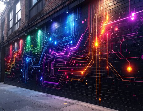 Vibrant futuristic circuit board mural glowing with neon lights on a dark urban building wall.