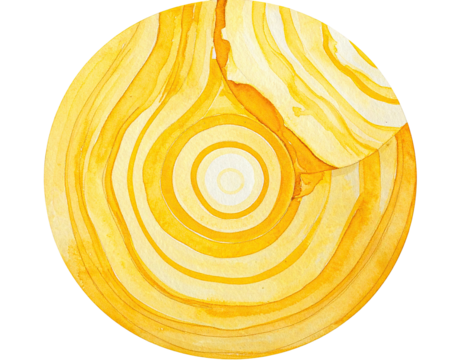 Circular, vibrant yellow and pale yellow abstract artwork with concentric rings and flowing lines