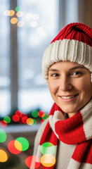 Smiling young woman wearing festive red and white winter hat and scarf, enjoying holiday lights