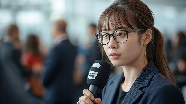 Journalist Reporting with Microphone at Event