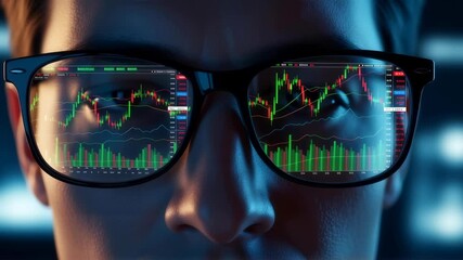 Man watching financial stock market data in glasses, showing investment growth and analysis on trading screens footage. - Powered by Adobe