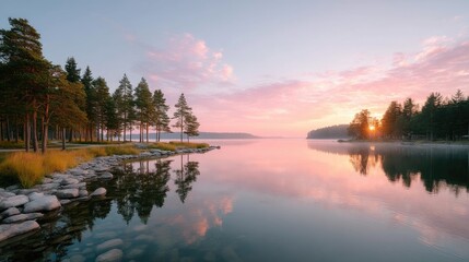 Fototapeta premium Tranquil Lakeside Scene At Dusk Featuring Pastel Sky Reflection Of Trees And Gentle Water