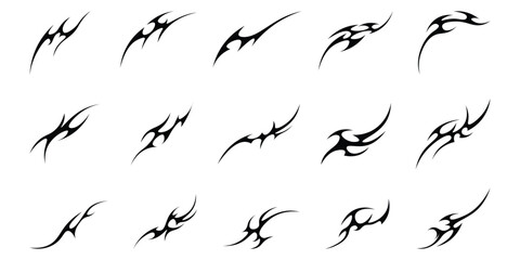 Neo tribal shapes. Y2K sharp elements, Tribal tattoo, abstract symmetrical design, various decorative elements. Vector illustration