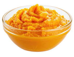 Orange pumpkin puree in a clear glass bowl
