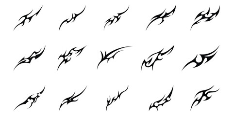 Neo tribal shapes. Y2K sharp elements, Tribal tattoo, abstract symmetrical design, various decorative elements. Vector illustration
