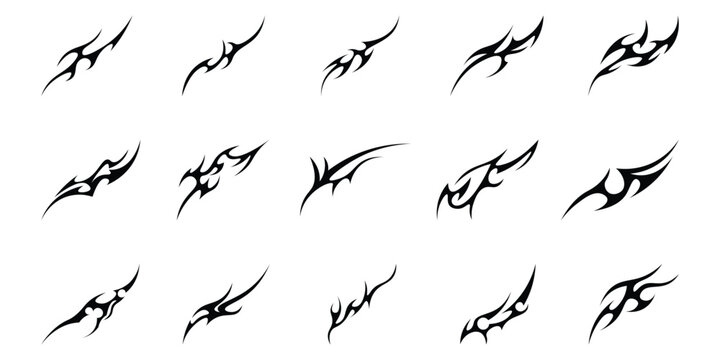 Neo tribal shapes. Y2K sharp elements, Tribal tattoo, abstract symmetrical design, various decorative elements. Vector illustration