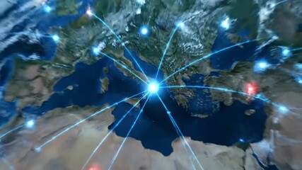 Earth illuminated by glowing lines and points linking cities and continents, visualizing global digital networks, data exchange, connectivity, and modern communication systems