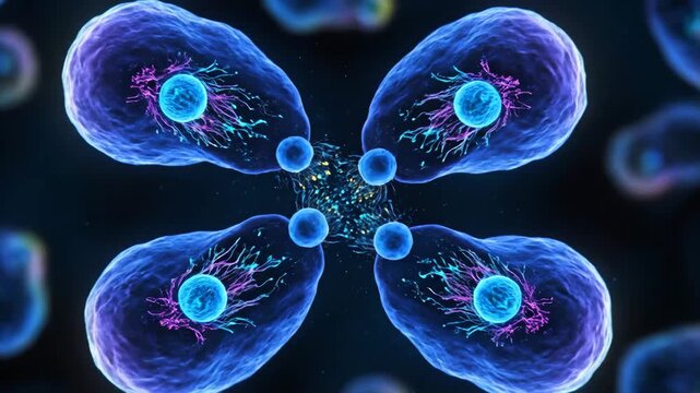 Abstract cluster of cells undergoing division process, displaying vibrant colors and glowing structures, representing cellular multiplication and growth in a biological context