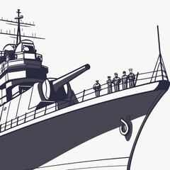 A detailed illustration of a naval warship with a large gun and crew members standing on deck ©  AMINA 1122