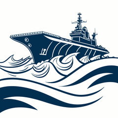 A powerful navy warship sails through rough ocean waves in a stylized graphic illustration ©  AMINA 1122