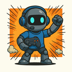 Gamer Robot Character with Headset in Retro Futuristic Style