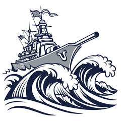 A powerful warship with a large cannon sails through rough ocean waves under a clear sky ©  AMINA 1122