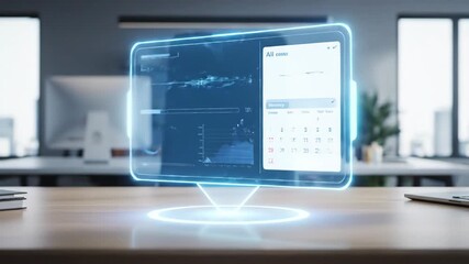 Hologram interface projecting global maps, financial charts and analytics over a modern office desk — futuristic augmented reality visualization for strategic business decisions and planning - Powered by Adobe