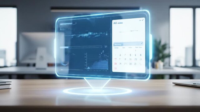 Hologram interface projecting global maps, financial charts and analytics over a modern office desk — futuristic augmented reality visualization for strategic business decisions and planning - Powered by Adobe