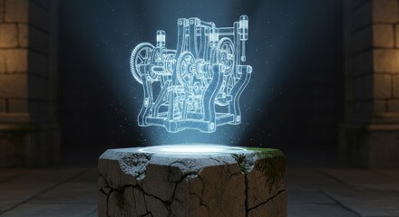 Holographic machine blueprint structure emerging from stone pedestal. Ancient alien technology engineering for futuristic digital display.